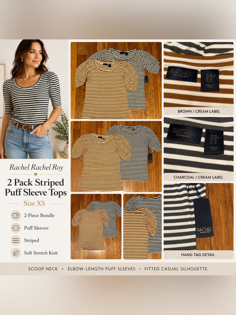 Rachel Rachel Roy 2-Pack Striped Puff Sleeve Tops Women’s XS New